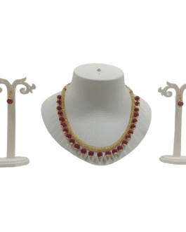 Sierra Handcrafted Gold Plated Necklace Set with Ear rings, AD, Pearl – Red