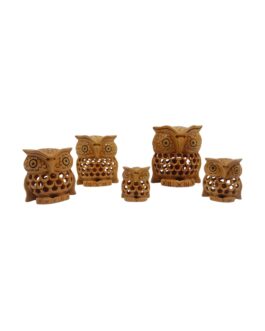 Handcrafted Wooden Owl Family Figurines, Set of 5, Jali Undercut Design Handicraft