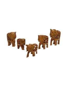 Handcrafted Wooden Elephant Family Figurines, Set of 5, Jali Undercut Design