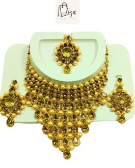 Fiza Handcrafted Gold-Plated Necklace Set, with matching Ear rings, Mangtika, AD, Pearl
