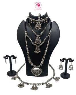 Nandini Elegant Traditional Necklace Set with matching Ear rings, Bracelets, Silver Tone