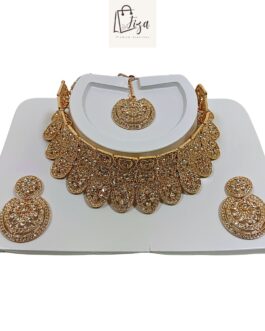 Fiza Handcrafted Gold-Plated Necklace Set, Ear rings, Mangtika, White AD, Rose Gold