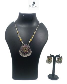 SAMIRA Handcrafted Necklace Set with matching Ear rings Oxidized, Round Pendant