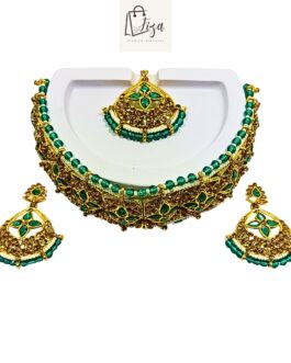 Fiza Handcrafted Gold-Plated Guluband Necklace Set, Ear rings, Mangtika, AD, Pearl, Feroze Blue