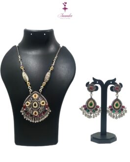 ANAMIKA Handcrafted Necklace Set with Ear rings, Oxidized, Oval Pendant,  5 Small Pearls