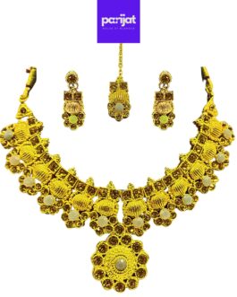 Parijat Elegant Handcrafted Gold-Plated Necklace Set, Ear rings, Mangtika, Grey Stone