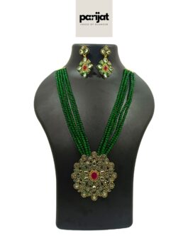 Parijat Handcrafted Gold-Plated Necklace Set, Ear rings, AD, Pearl, Green and White