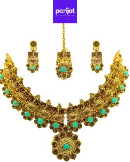 Parijat Elegant Handcrafted Gold-Plated Necklace Set, Ear rings, Mangtika, AD, Sea Blue Stone