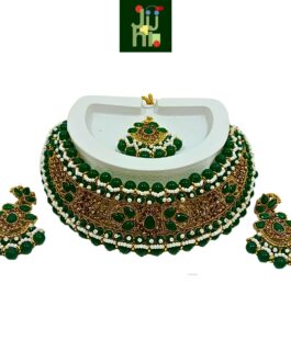 JUHI Handcrafted Gold-Plated Necklace Set, Ear rings, Mangtika, AD, Pearls, Emerald Green