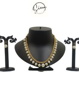 Sierra Handcrafted Gold-Plated Necklace Set with matching Ear rings, AD, Pearl – White