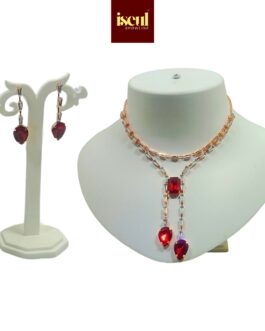 Iseul Showline Rose Gold Short Necklace Set with Rectangular Pendant, Ear rings, Red