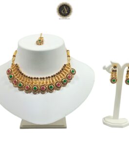 Artik Hallmark Handcrafted Gold-Plated AD Spiral Necklace Set with Ear rings And Mangtika