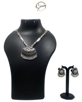 SIERRA Handcrafted Necklace Set with Ear rings, Oxidized, Bust Pendant, White AD, Pearls