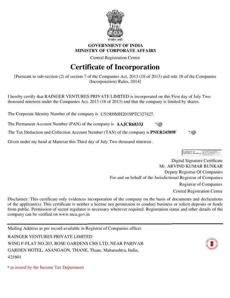 RaingerIndia_certificate-of-incorporation